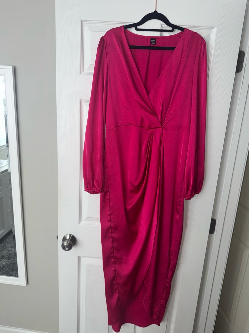 Fuchsia Satin Wrap-Effect Long Sleeve Dress